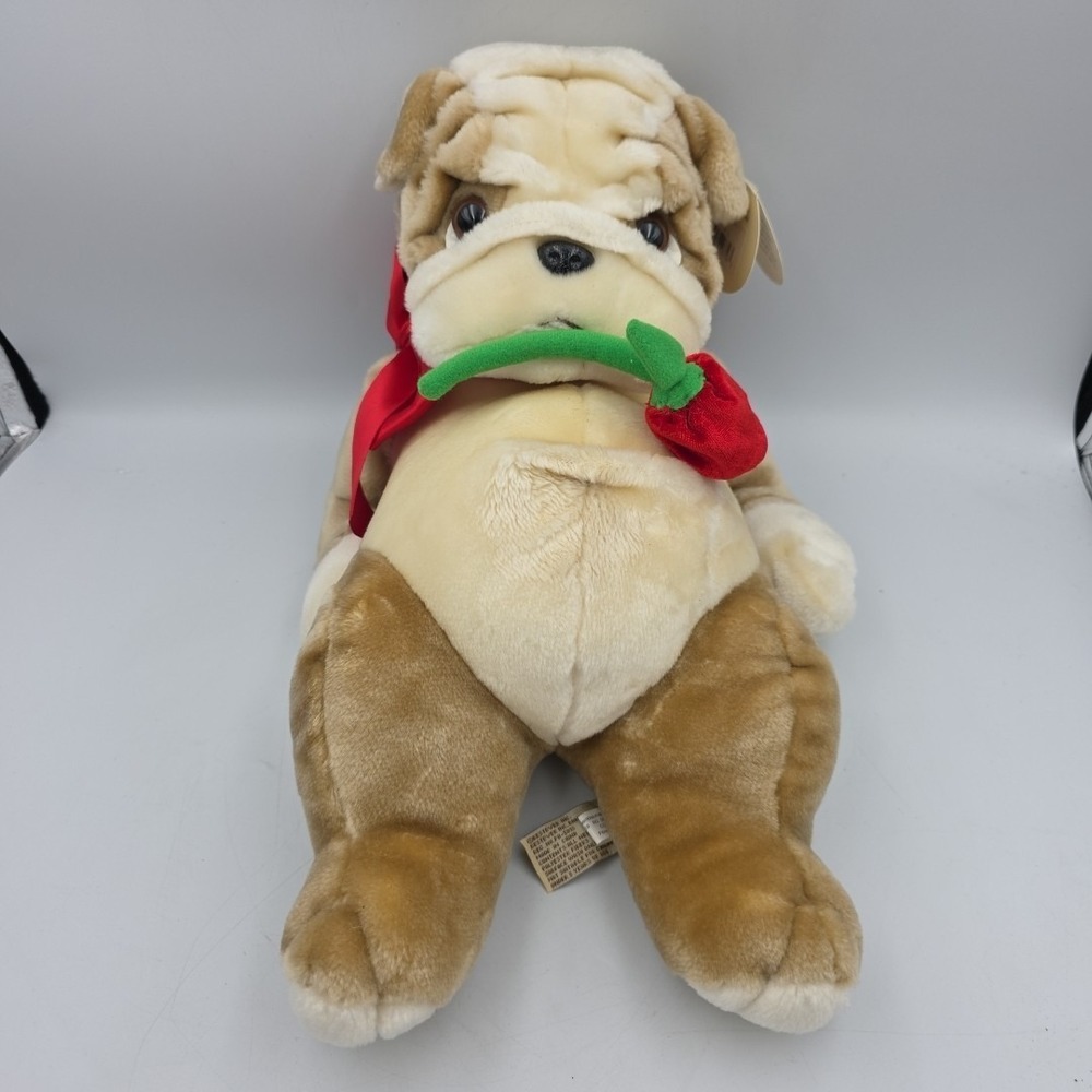 Vntg Bestever Bulldog Plush Dog Holding A‎ Rose & Laying Down Valentine Day Gift